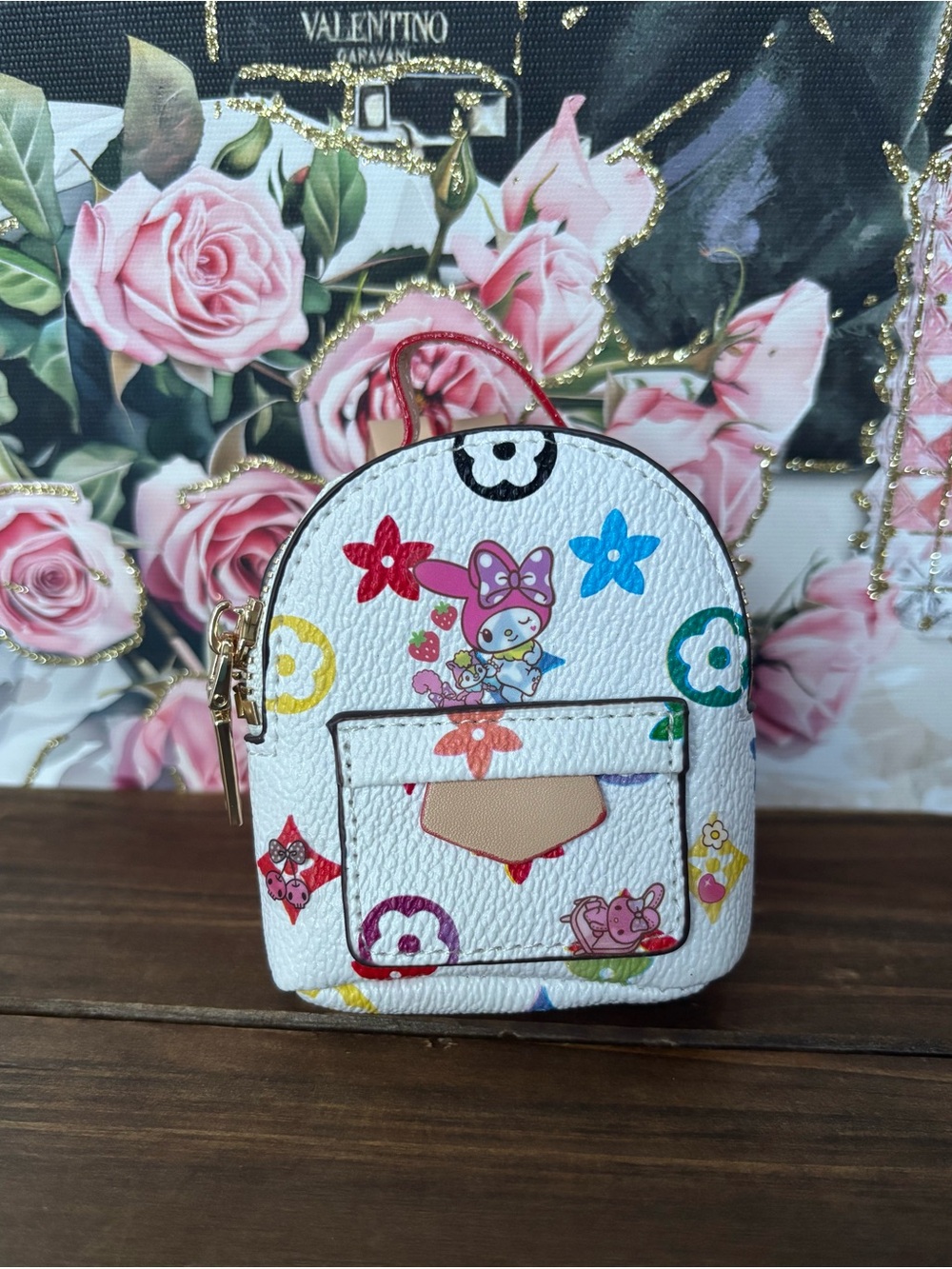 White Mini Backpack Coin Purse with Colorful Floral Motif